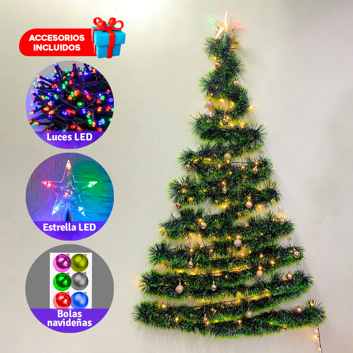 Arbol de navidad para pared con luces, bolas y estrella 🎄🎅