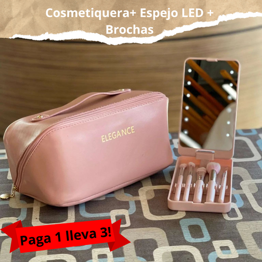 COMBO Cosmetiquera + espejo LED + 5 brochas